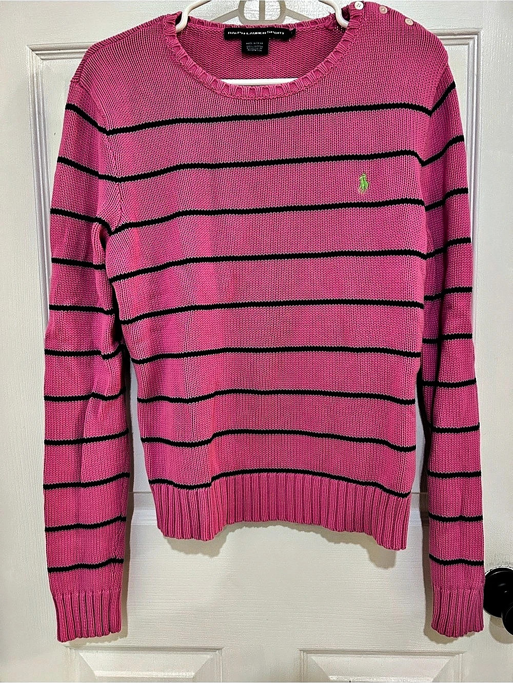 L Vintage Ralph Lauren Sport Striped Cotton Sweater in Hot Pink